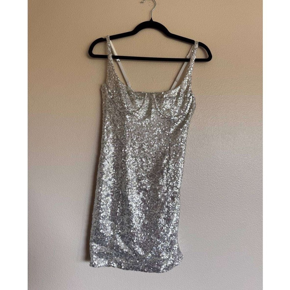 Glamorous Silver Sequin Bustier Mini Dress S Party Night Out Bodycon Coquette